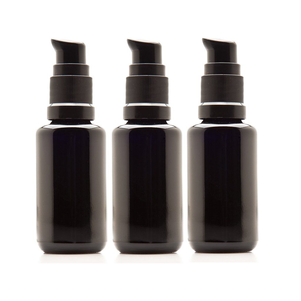Infinity Jars Ultraviolet Glass Push Pump Bottle 30 Ml (1 fl oz) Refillable Containers for Lotion Homemade Cosmetics Make-up Skin Care Cream, Lotion, Shampoo, Conditioner Dispenser Bottles 3-Pack