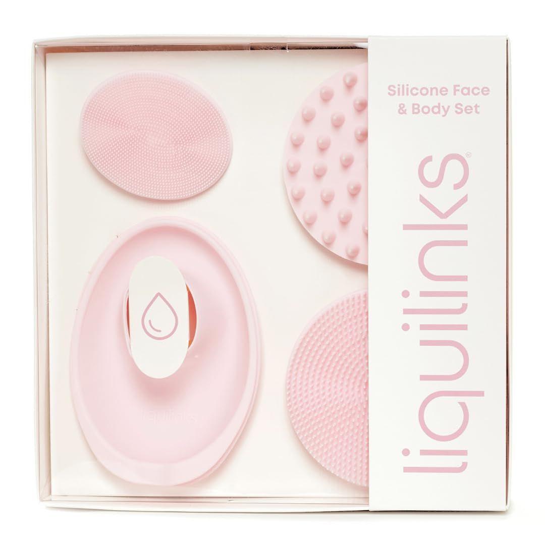 LiquiLinks Skincare Essentials Kit - 4 Piece Bundle Pack - Face and Body Silicone Spa Accessory - Essential Beauty Set for Teen Girls Blush Pink