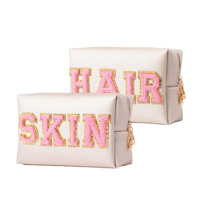 Rejoywor Make Up Bag - 2Pcs Skincare Bag &amp; Hair Bag, Portable Cosmetic Bag for Women/Girls/Teens, Waterproof Personalized Makeup Bag (White)