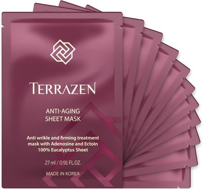 Terrazen Korean Face Sheet Mask Skincare - Anti-Aging &amp; Wrinkle Hydrating Sheets for Men &amp; Women | Facial Mask for All Skin Types | 10 Sheet Pack (Anti-Aging Formula)