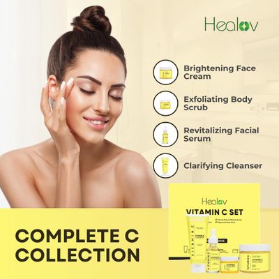 Vitamin C Skincare Set - Hydrating Facial Cleanser, Exfoliating Body Scrub, Face Cream & Anti Aging Serum - Vit C Reduces Dullness, Fine Lines, Wrinkles, Dark Circles - Travel Kit for Youthful Skin