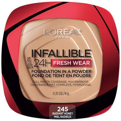 LOral Paris Makeup Infallible Fresh Wear Foundation in a Powder, Up to 24H Wear, Waterproof, Radiant Honey, 0.31 oz.