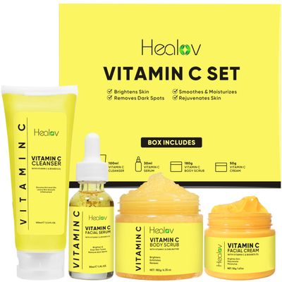 Vitamin C Skincare Set - Hydrating Facial Cleanser, Exfoliating Body Scrub, Face Cream &amp; Anti Aging Serum - Vit C Reduces Dullness, Fine Lines, Wrinkles, Dark Circles - Travel Kit for Youthful Skin