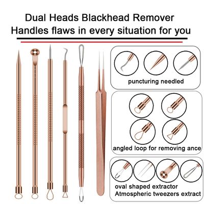 Pimple Popper Tool Kit, 6 Pcs Blackhead Remover Acne Needle Tools Set Removing Treatment Comedone Whitehead Popping Zit for Nose Face Skin Blemish Extractor Tool - Rose Gold