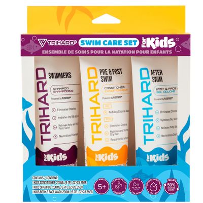 TRIHARD Essential Swim Care Kit For Kids 3-in-1 Swim Shampoo, Conditioner, Body Wash, Chlorine Kids Shampoo for Swimmers, Leave-In Conditioner, Pool Essentials, Ultimate Swimming Hair Care for Kids