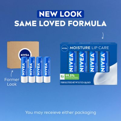 NIVEA Moisture Lip Care, Hydrating Lip Balm with Shea Butter, Nourishing Oils and Vitamin C &amp; E, 3-in-1 Moisture, Repair (for Dry Lips) and Nourish, 0.17 Oz Stick, Pack of 4