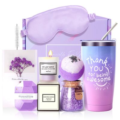 MACEVIA Birthday Gifts for Women, Relaxing Lavender Spa Gift Basket Set,Thank You Gifts for Women Who Have Everything,Unique Birthday Gift Basket for Women, Mom, Sister, Coworker, Wife, Girlfriend