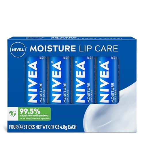 NIVEA Moisture Lip Care, Hydrating Lip Balm with Shea Butter, Nourishing Oils and Vitamin C &amp; E, 3-in-1 Moisture, Repair (for Dry Lips) and Nourish, 0.17 Oz Stick, Pack of 4