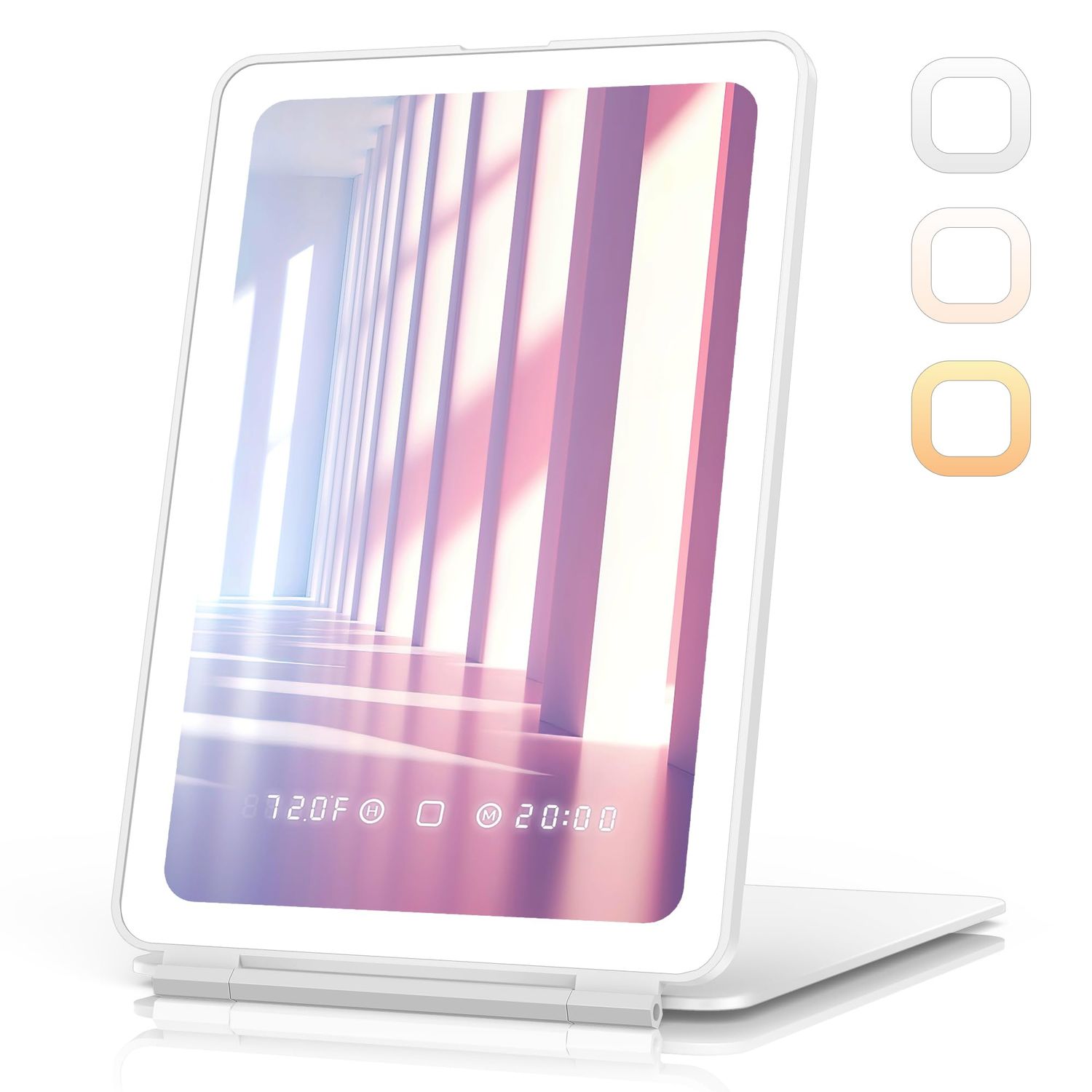 Zemmys Travel Makeup Mirror with Time &amp; Temperature Display, 2000mAh Rechargeable Battery, 7.5&quot; Portable Foldable Lighted Mirror with 148 Led Lights, 3 Color Lighting Modes, Touch Dimming