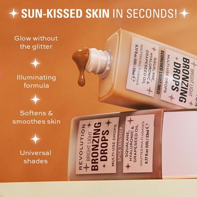 Revolution Beauty, Bright Light Bronzing Drops, Bronze &amp; Glow Face &amp; Body Drops Infused with Hyaluronic Acid, Summer Spice, 0.77 Fl. Oz.