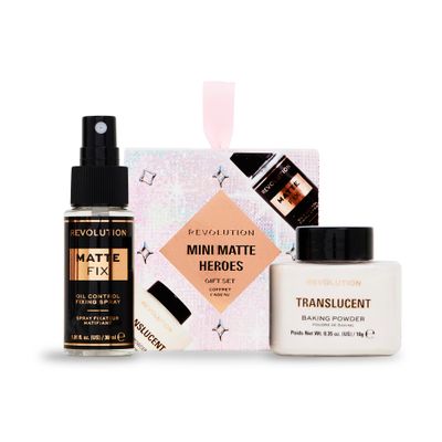 Revolution Beauty Mini Matte Heroes Makeup Gift Set, Mini Kit of Matte Fixing Spray &amp; Translucent Baking Powder, Vegan &amp; Cruelty-Free