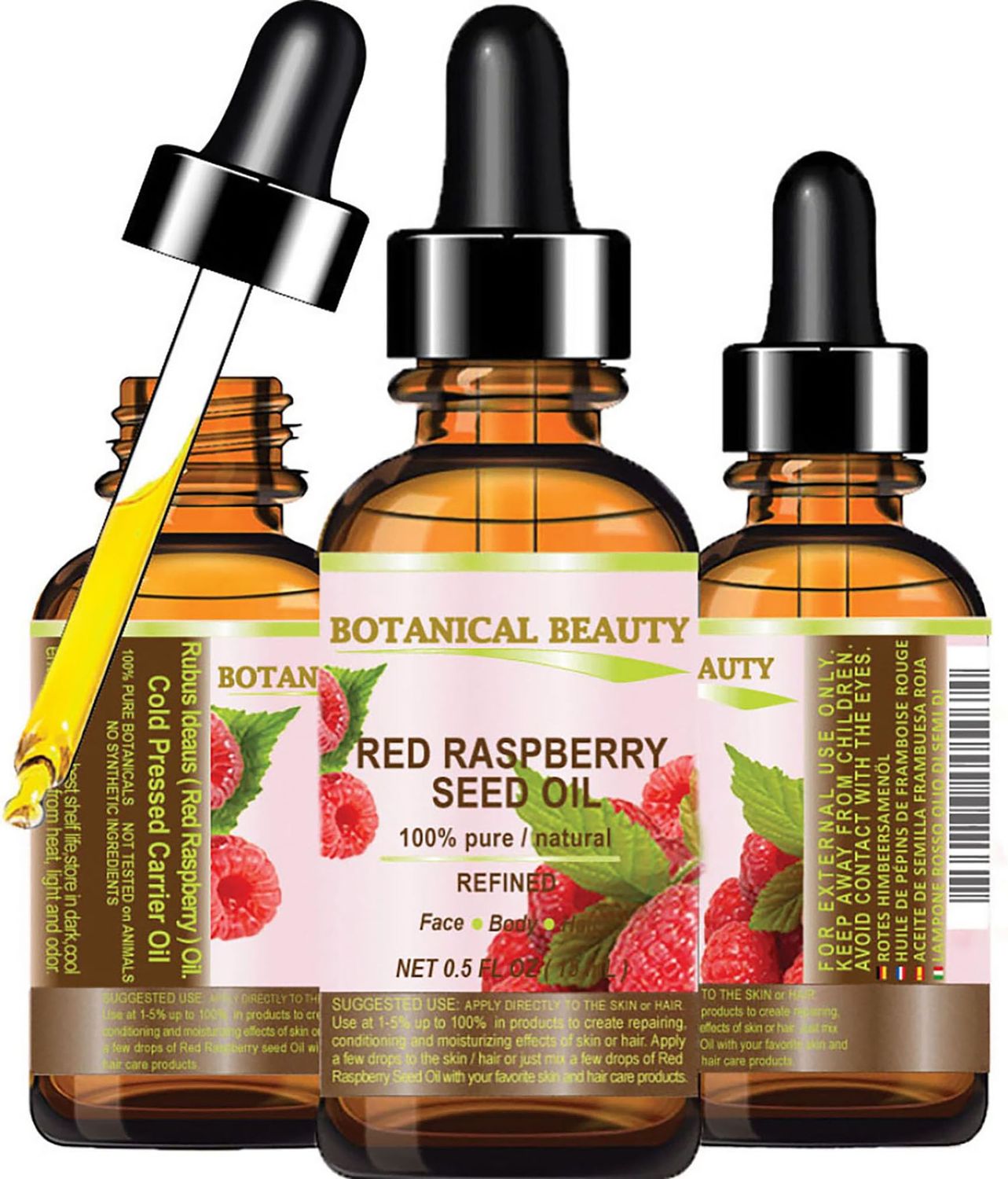 Red Raspberry Seed Oil. 100% Pure/Natural/Undiluted/Refined Cold Pressed Carrier Oil. 0.5 Fl.oz.-15 ml. For Skin, Hair, Lip And Nail Care. by Botanical Beauty.