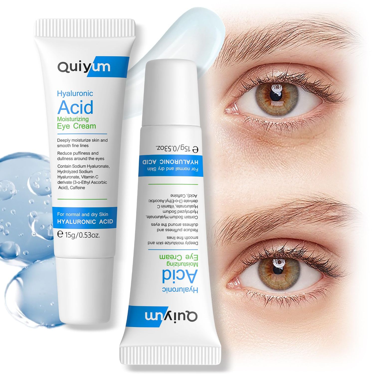 QUIYUM Hydrating Eye Cream, Under Eye Cream for Dark Circles &amp; Puffiness, Hyaluronic Acid Eye Treatment Creams for Bags Under Eye, Reduce Fine Lines &amp; Wrinkles, Anti Aging for Women 0.53oz, 2 Pack