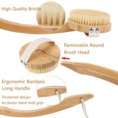 OWIIZI Dry Brushing Body Brush for Back, Detachable Round Head Bristle Large Area Body Brushes for Lymphatic Drainage, Bamboo Curved Long Handle Skin Exfoliator for Men Women Elders Dry Use