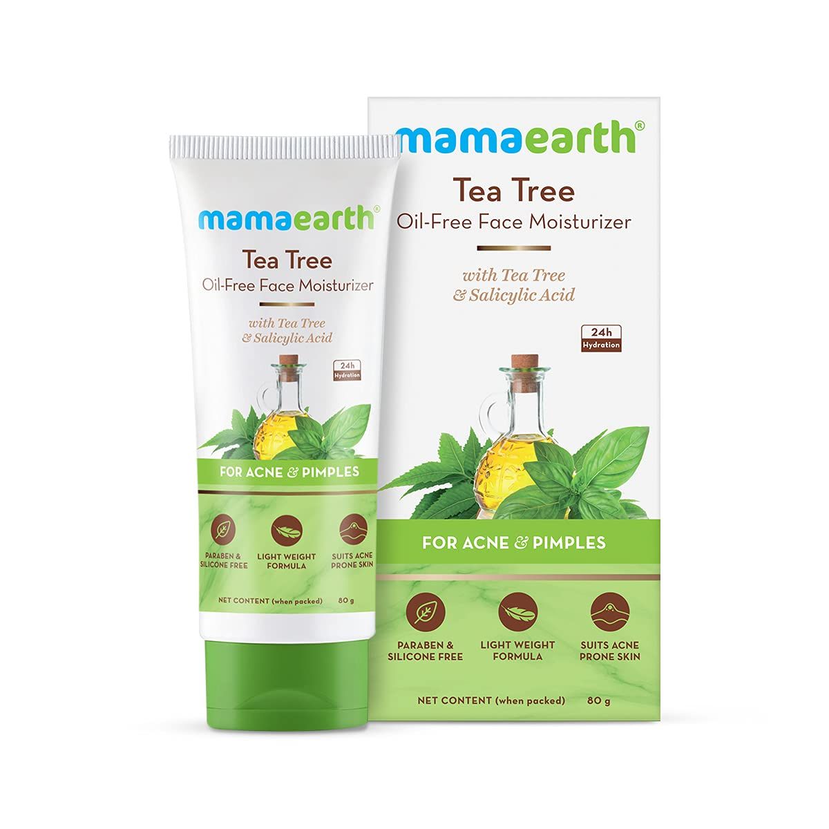 MAMAEARTH Tea Tree &amp; Salicylic Acid Oil-Free Face Moisturizer | with Anti Acne &amp; Anti Pimples Properties | Controls Oil &amp; Gives Long Lasting Hydration | Non-Comedogenic | 2.71 Fl Oz/80 ml