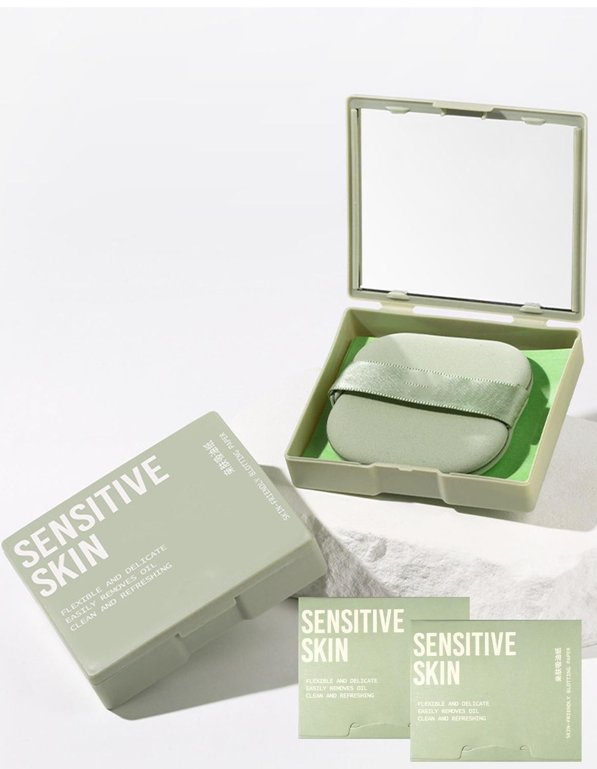 Oil Blotting Paper - 300 Sheets w/Mirror, Puff &amp; Refills, Absorbs Excess Face Oil, Controls Shine, Gentle for Makeup Use.