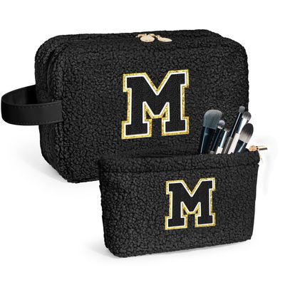 Initial Makeup Bag Large Cosmetic Bags,Cute Makeup Bag for Women,Makeup Brush Bag Travel Skin Care Toiletry Bag,Plush Makeup Bag Best Friend Birthday Gifts for Women Mom Teen Aunt Black M
