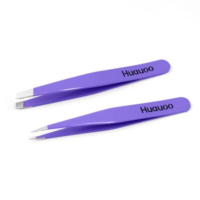 Huauoo Stainless Steel Tweezer Set with Slanted and Pointed Eyebrow Tweezers, Tweezers for Women Facial Hair, Tweezers for Women and Men (Purple)