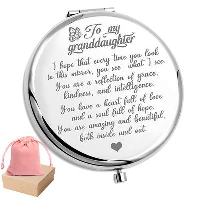 HNLUGF to My Granddaughter - You&#39;re Amazing and Beautiful - Pocket Mirror, Granddaughter Engraved Compact Mirror, Family First Mirror Encouragement Gifts from Grandparents (Silver, Granddaughter)