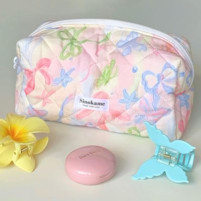 SINOKAME Cotton Quilted Makeup Bag Small, Bow Coquette Aesthetic Cosmetic Bag Case Travel Storage Skincare Bag Brush Organizer for Women,Coquette Girl