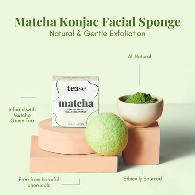 Tease Tea Facial Exfoliator Sponge - Matcha Konjac Facial Sponge, Face Sponge for Cleansing, Konjac Sponge, Exfoliating Sponge for Face, Facial Scrubber Infused with Matcha Green Tea for All Skin