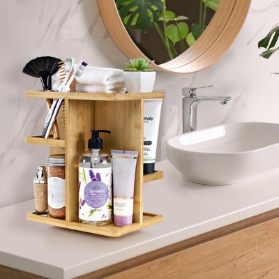 Sorbus 360 Makeup Organizer - Bamboo Wood Make Up Storage Carousel for Cosmetics, Skin Care Rotating Makeup Organizer for Vanity, Bathroom Storage