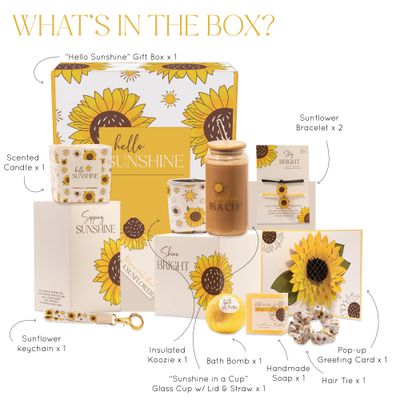The Love Crate Co Sunflower Gifts for Women, 10pc Custom Gift Box for Women. Get Well Soon Gift Baskets for Women, You Are My Sunshine Gifts, Care Package For Women Thinking of You, Wellness Gifts.
