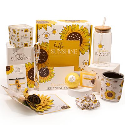 The Love Crate Co Sunflower Gifts for Women, 10pc Custom Gift Box for Women. Get Well Soon Gift Baskets for Women, You Are My Sunshine Gifts, Care Package For Women Thinking of You, Wellness Gifts.