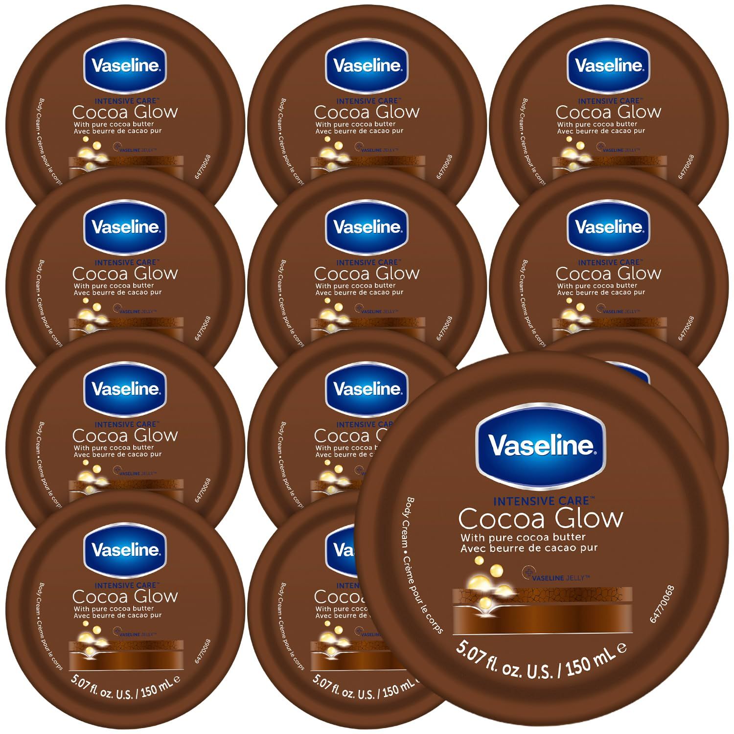 Vaseline Lotion, Cocoa Glow Body Cream 12-Pack - Non-Greasy Moisturizer for Glowing Skin with Pure Cocoa Butter, 5.07 Oz Ea
