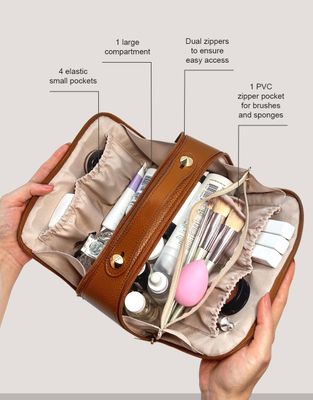 ZYZAG Travel Makeup Bag Cosmetic Bags for Women, Waterproof PU Leather Make Up Bag Organizer Portable Pouch Toiletry Bag Skincare Bag, Large Capacity with 2-Zipper Design to Open Flat (Brown)