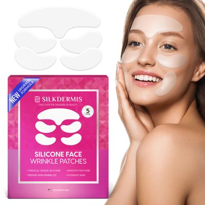 SILKDERMIS Silicone Face and Forehead Wrinkle Patches: Anti Winkle Patches for Smile Line Patches and Under eyes- Nasolabial Folds Treatment 5pcs