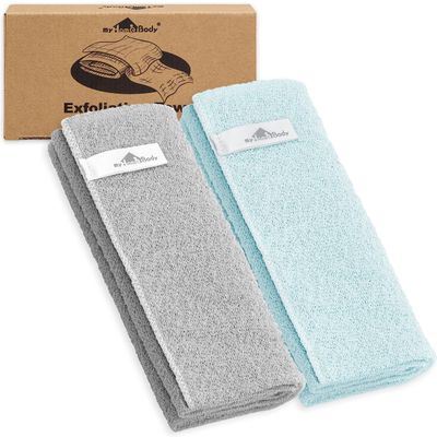 myHomeBody Exfoliating Washcloth, Skin Exfoliator for Body, Body Scrub for Women, Shower Wash Scrubber, Loofah Back Scrubber for Shower, Exfoliating Washcloths for Body, Light Gray*1 + Baby Blue*1