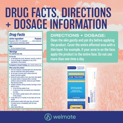 WELMATE - Adapalene Gel 0.1% - FSA HSA Acne Treatment - Skin Care - Daily Topical - Acne Skincare - Pimple Cream - Acne Cream - Oil &amp; Fragrance Free - 1.6oz / 45g