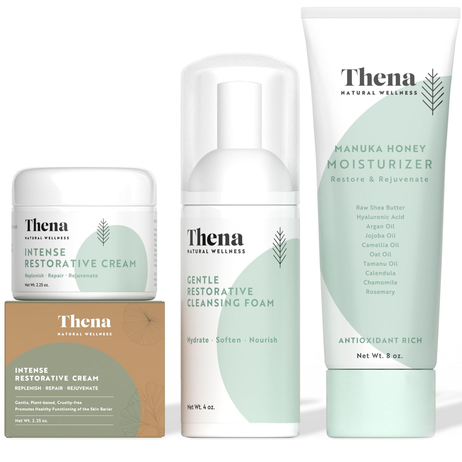 Thena RESTORE Face &amp; Body Skin Care Set Kit, Face Foam Facial Cream Manuka Honey Body Lotion Moisturizer, Repairs Nourishes Skin Barrier, Natural &amp; Organic Anti Aging Skin Care Set Women Men