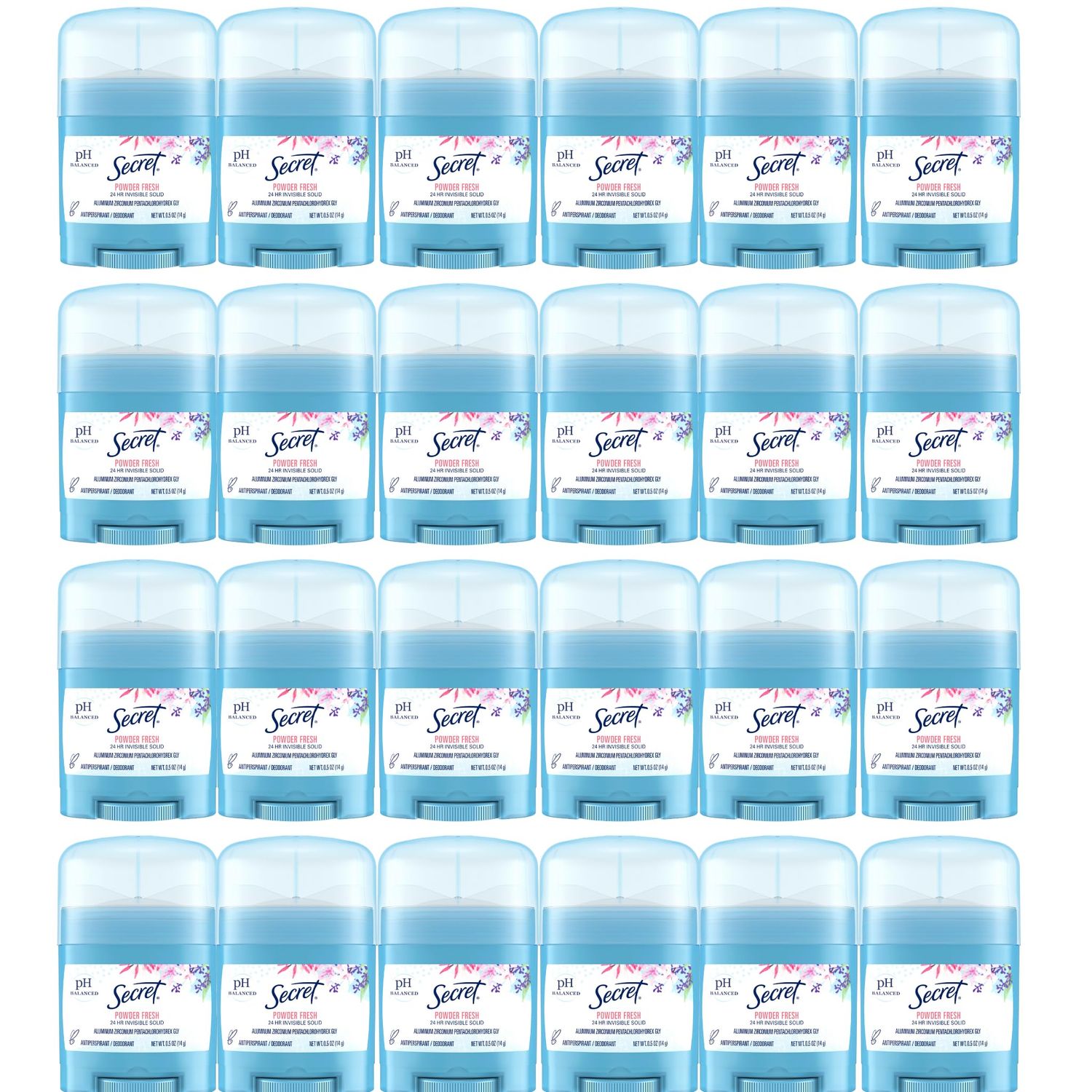 Secret Antiperspirant and Deodorant for Women, 24hr Sweat &amp; Odor Protection, PH Balanced Protection, Gentle on Skin, Invisible Solid, Travel Size, Powder Fresh Scent, 0.5 oz (Pack of 24)