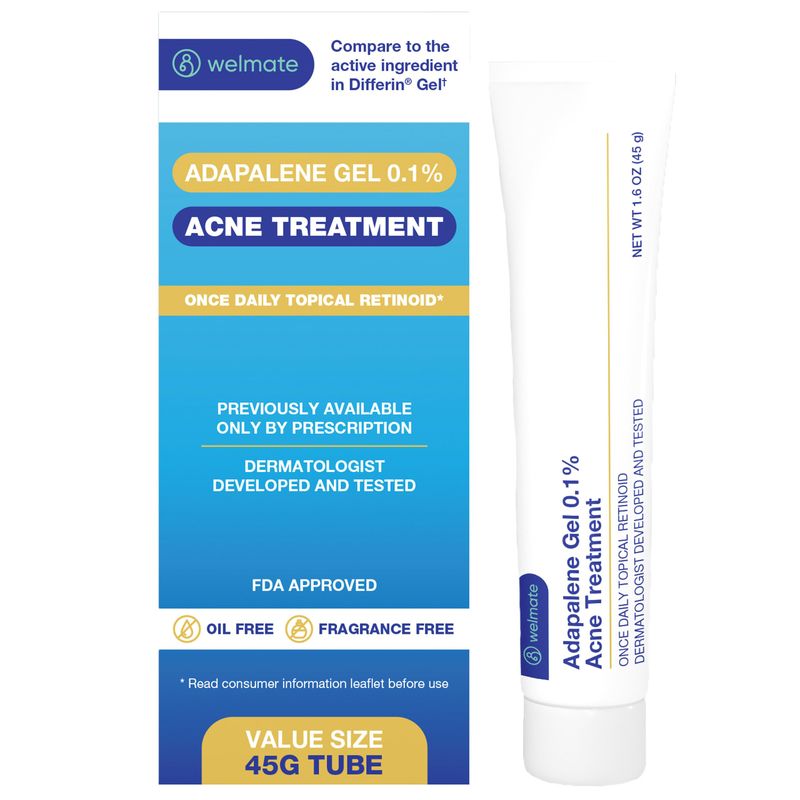 WELMATE - Adapalene Gel 0.1% - FSA HSA Acne Treatment - Skin Care - Daily Topical - Acne Skincare - Pimple Cream - Acne Cream - Oil &amp; Fragrance Free - 1.6oz / 45g