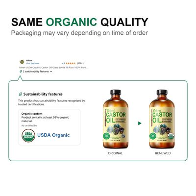 Yoken EWG Verified Castor Oil Glass Bottle 16 fl oz 100% Pure Natural Cold Pressed Castor oil for Face, Body, Hair, Eyelash, Skin - Hexane Free, Unrefined, Virgin, Rich Fatty Acids for Castor Oil Pack