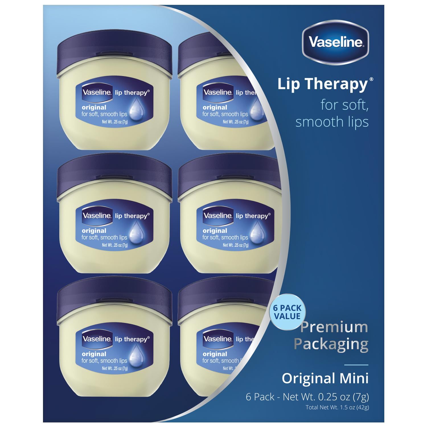 Vaseline Lip Therapy 6-Pack - Mini Lip Balm for Healing Dry Lips, Travel-Size Petroleum Jelly Lip Care, Premium Gift Set, 0.25 Oz Each
