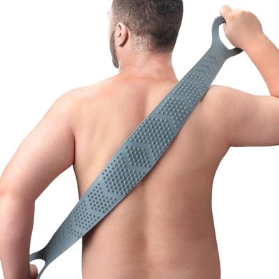 Silicone Back Scrubber for Shower Men, Dual-Sided Back Exfoliator Washer Scrub Strap - 100% Back Coverage to Clean, Exfoliate and Massage, Hygienic, Durable and Easy to Clean, Grey - 36 Inch