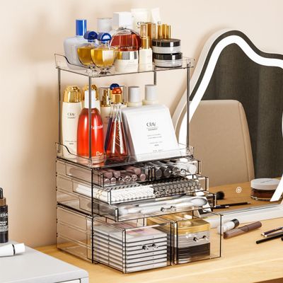 Yieach 3 Pack Makeup Organizer for Counter with 6 Drawer,14.4&quot; Tall Large Capacity Cosmetics Storage Drawer,Stackable Bathroom Counter Organizer and Skincare Organizer for Vanity,Bedroom,Dresser,Clear