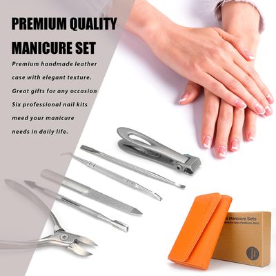 Manicure Sets Professional Nail Clipper Kit, Stainless Steel Pedicure Kits, 6PCS Personal Care Tools with Travel Leather Case, Orange