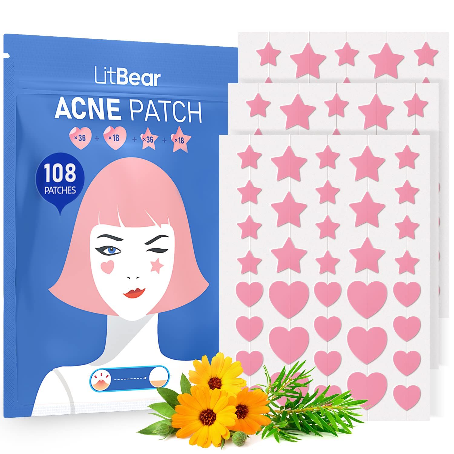 LitBear Acne Patch Pimple Patch, Pink Heart &amp; Star Shaped Absorbing Cover Hydrocolloid Patches For Face Zit, Acne Dots, Tea Tree Oil + Centella (108 Count (Pack of 1))