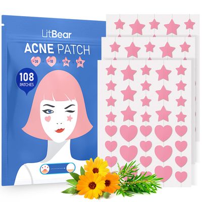 LitBear Acne Patch Pimple Patch, Pink Heart &amp; Star Shaped Absorbing Cover Hydrocolloid Patches For Face Zit, Acne Dots, Tea Tree Oil + Centella (108 Count (Pack of 1))