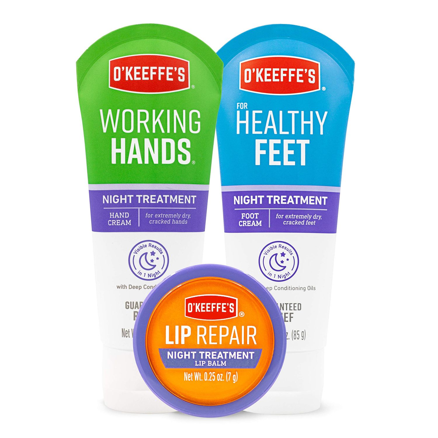 O&#39;Keeffe&#39;s Night Treatment Combo Pack Including Working Hands Night Treatment Hand Cream, Healthy Feet Night Treatment Foot Cream and Lip Repair Night Treatment Lip Balm