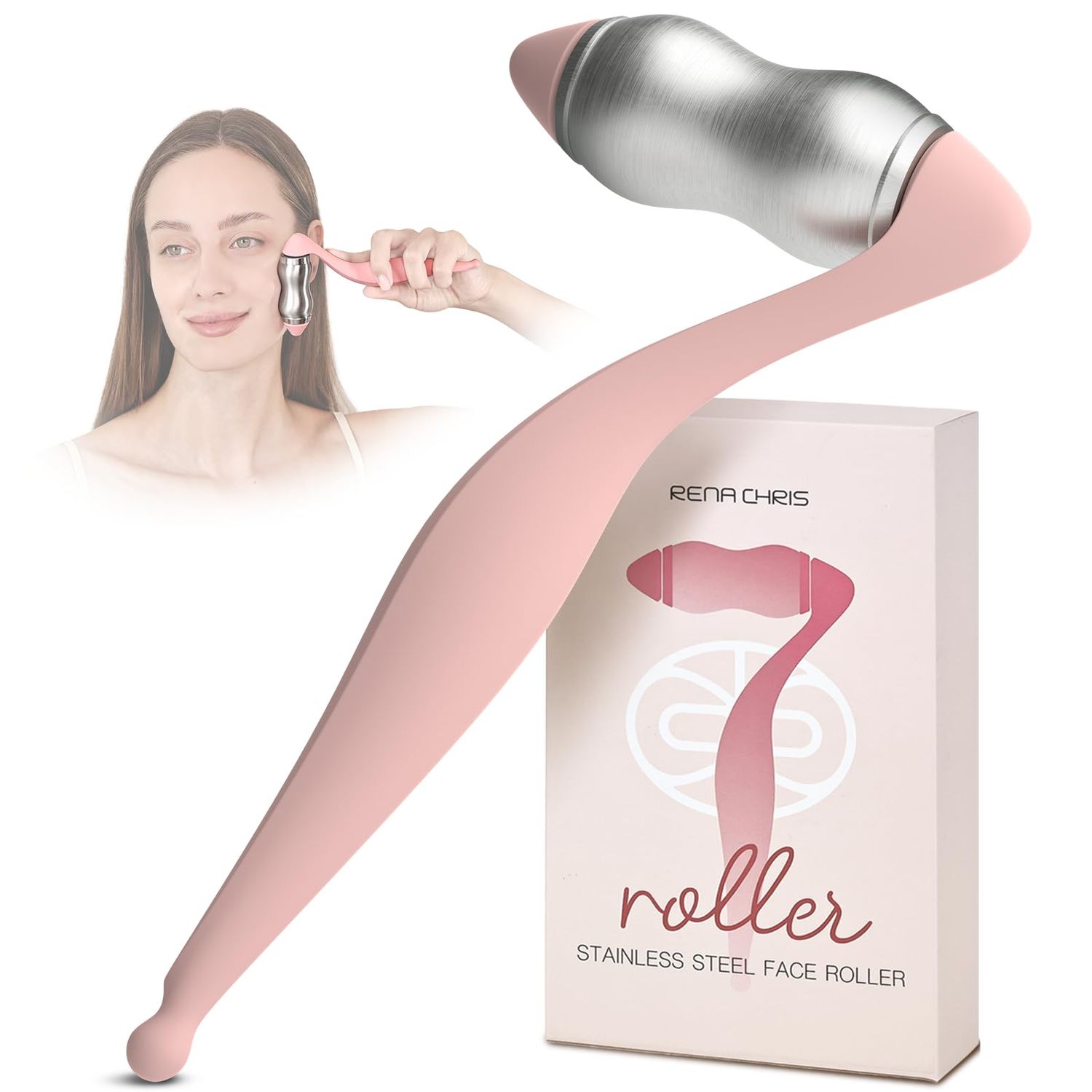 Rena Chris Stainless Steel Face Roller - Metal Facial Massager Tool with Enhanced Contour Fit for Puffiness Reducing, Skin Care Roller Gift for Women (Silver)