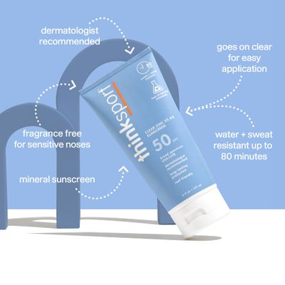 Thinksport Mineral Sunscreen, SPF 50 Clear Zinc Oxide Sunscreen, 6 Fl Oz, Water Resistant, Reef Safe, Broad Spectrum UVA/UVB Sun Screen