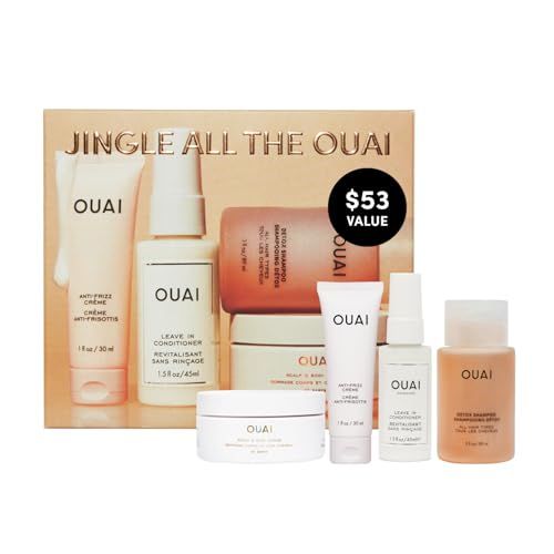 OUAI Jingle All The OUAI Travel Size Gift Set - Travel Size Hair &amp; Body Care Set - Includes Detox Shampoo, Deluxe Anti Frizz Cream, Leave In Conditioner, Scalp &amp; Body Scrub (4 Count)