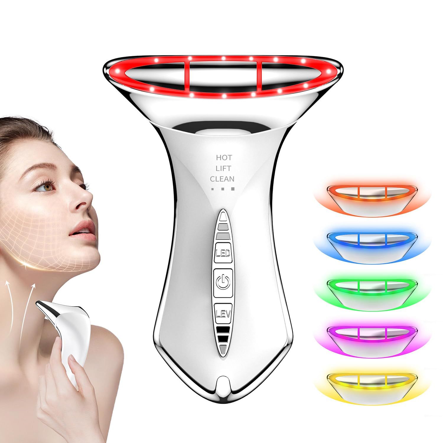 MEBAO Neck and Face Massager with 5 Color Led for Skin Care,Water Resistant True Beauty Glow Facial Sculptor (White-Silver)
