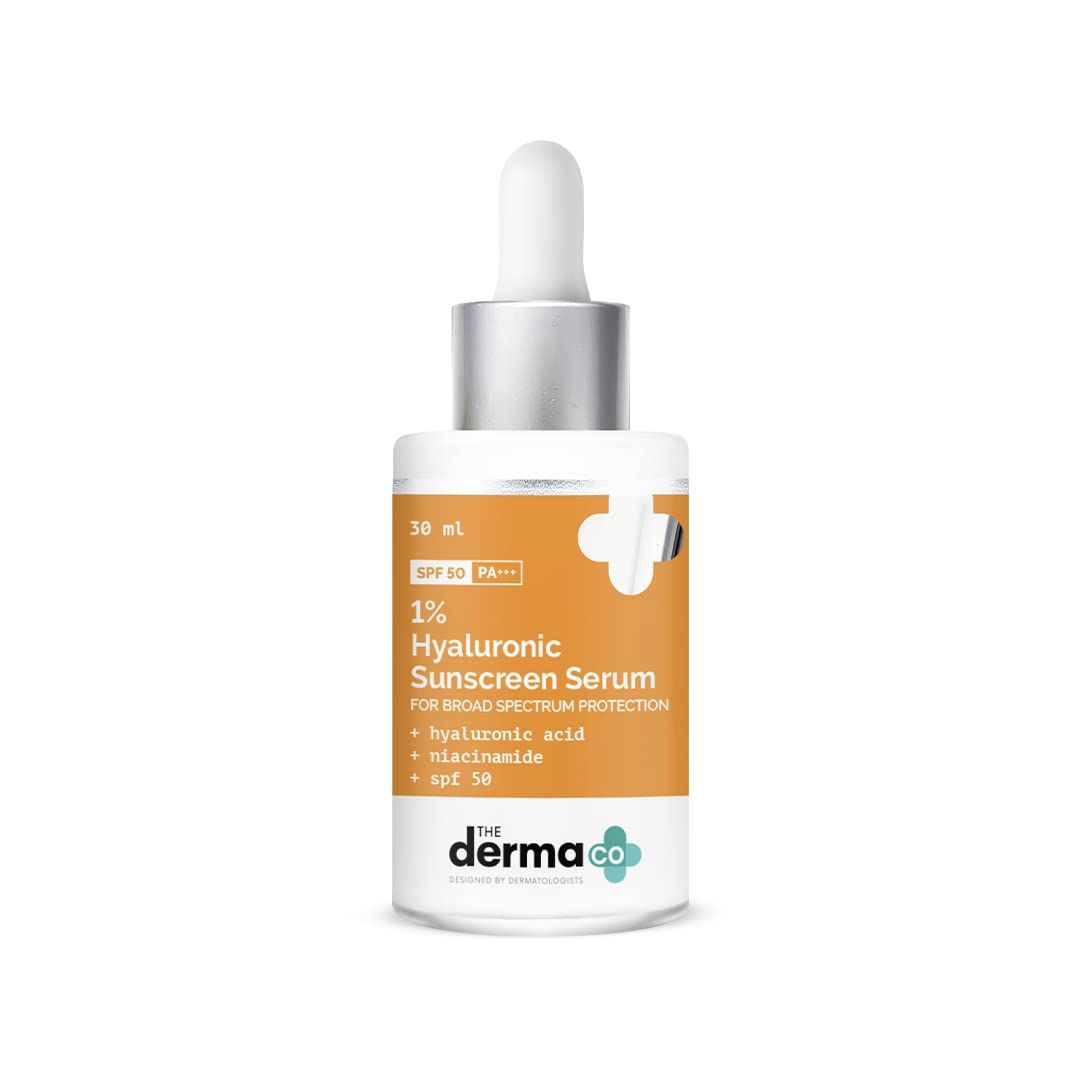 The Derma Co 1% Hyaluronic Acid Sunscreen Serum with SPF 50 &amp; PA+++ | Gives Broad Spectrum Protection &amp; Helps Skin Glow | Lightweight &amp; Non-Greasy Formula | 1.01 Fl Oz/30ml