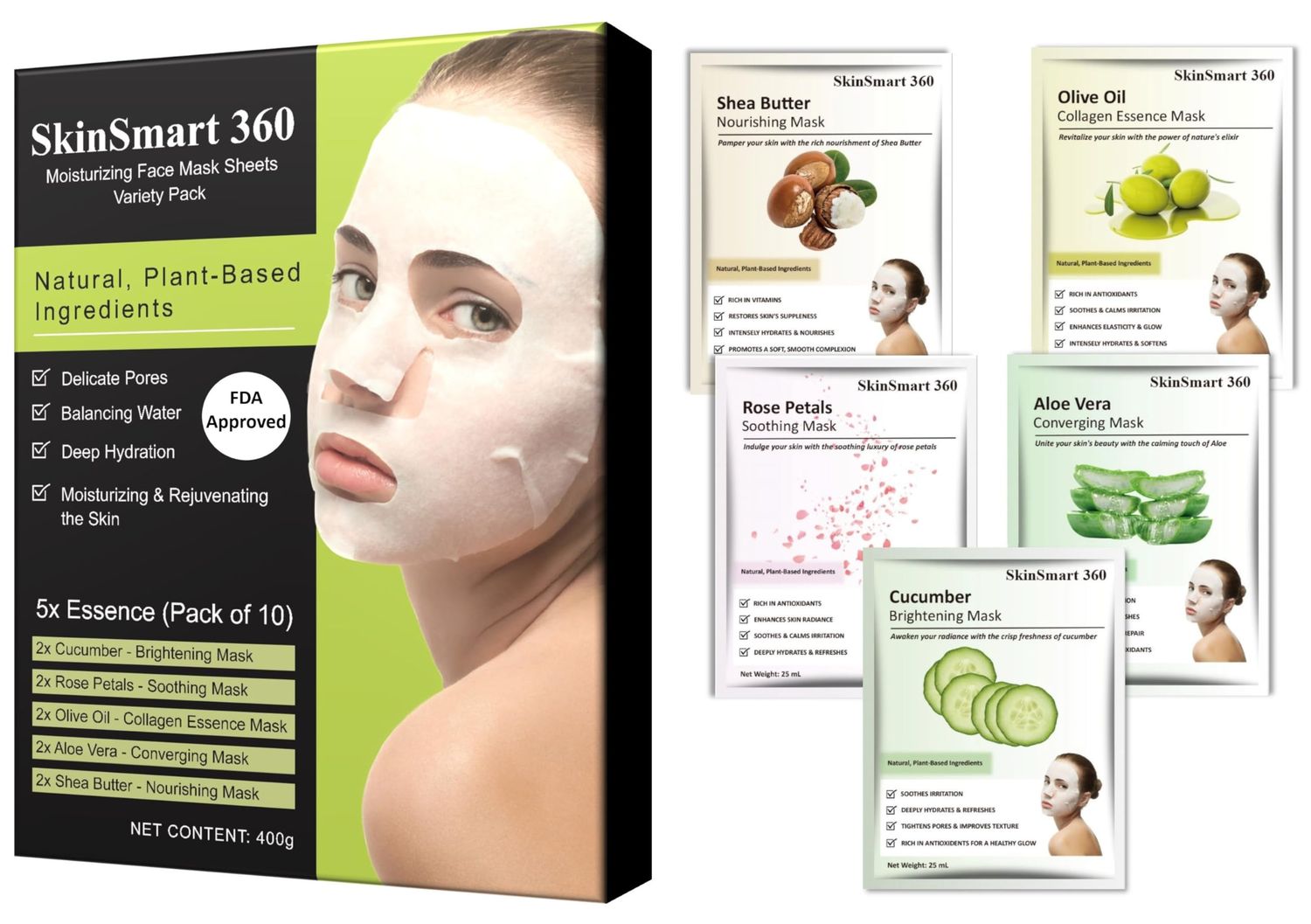 SkinSmart 360 Moisturizing Facial Mask Sheets for Men &amp; Women, Hydrate Dry Skin On-the-Go, Natural, Plant-Based Ingredients, Suitable for All Skin Types, Travel-Friendly (Variety Pack of 10 Sheets)